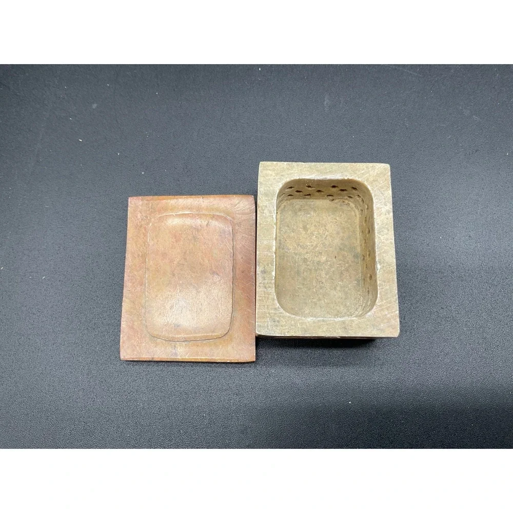 Vintage Stone Trinket Box Floral Inlay Small Carved Square Lidded Soapstone‎